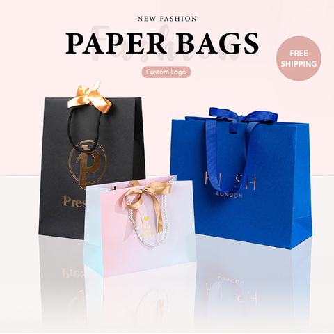 Cosmetic Recycle Customized Shopping Paper Bags with Ribbon Handle